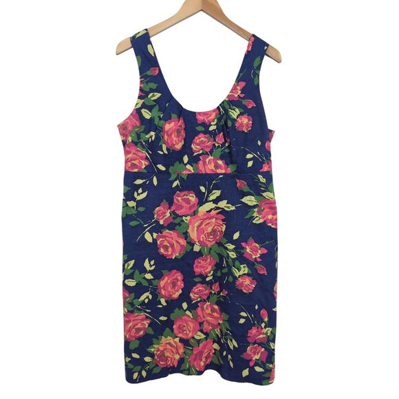 Lands End Sheath Dress Womens 12 Blue Floral Sleeveless Classic Preppy Career - Picture 1 of 9